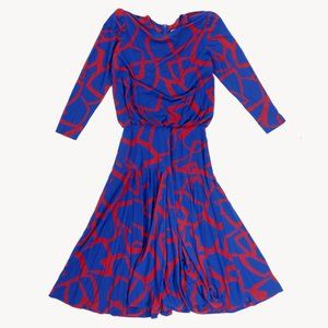 Nuit Red Blue Patterned Long Sleeve Flowy Dress 80s abstract unique rare